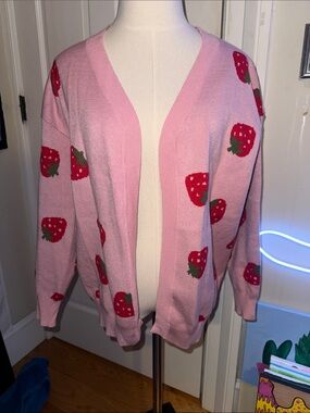 Pink Strawberry Motif Open-Front Cardigan Sweater